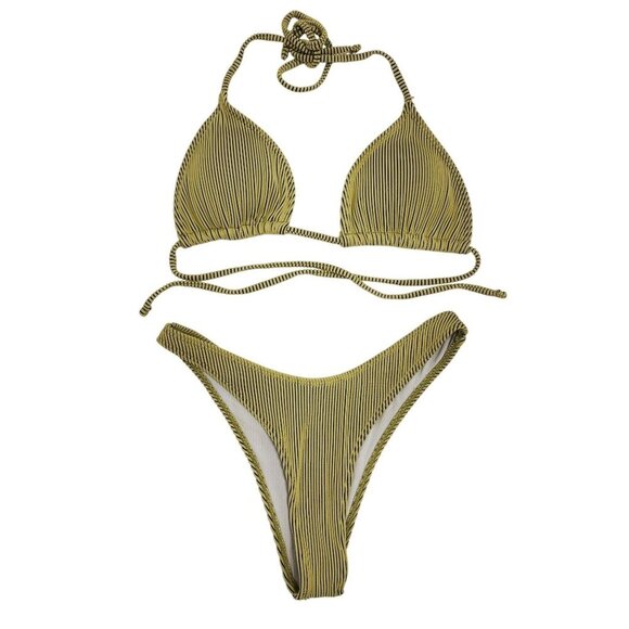 Striped Bikini Set With Triangle Swimsuit Top & Skirt Cover-Up Size M - Picture 2 of 7